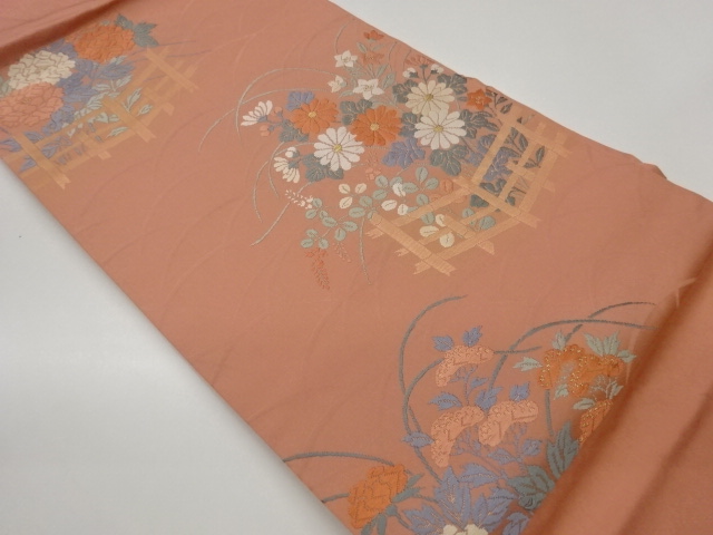 竹垣に秋草模様織出し名古屋帯